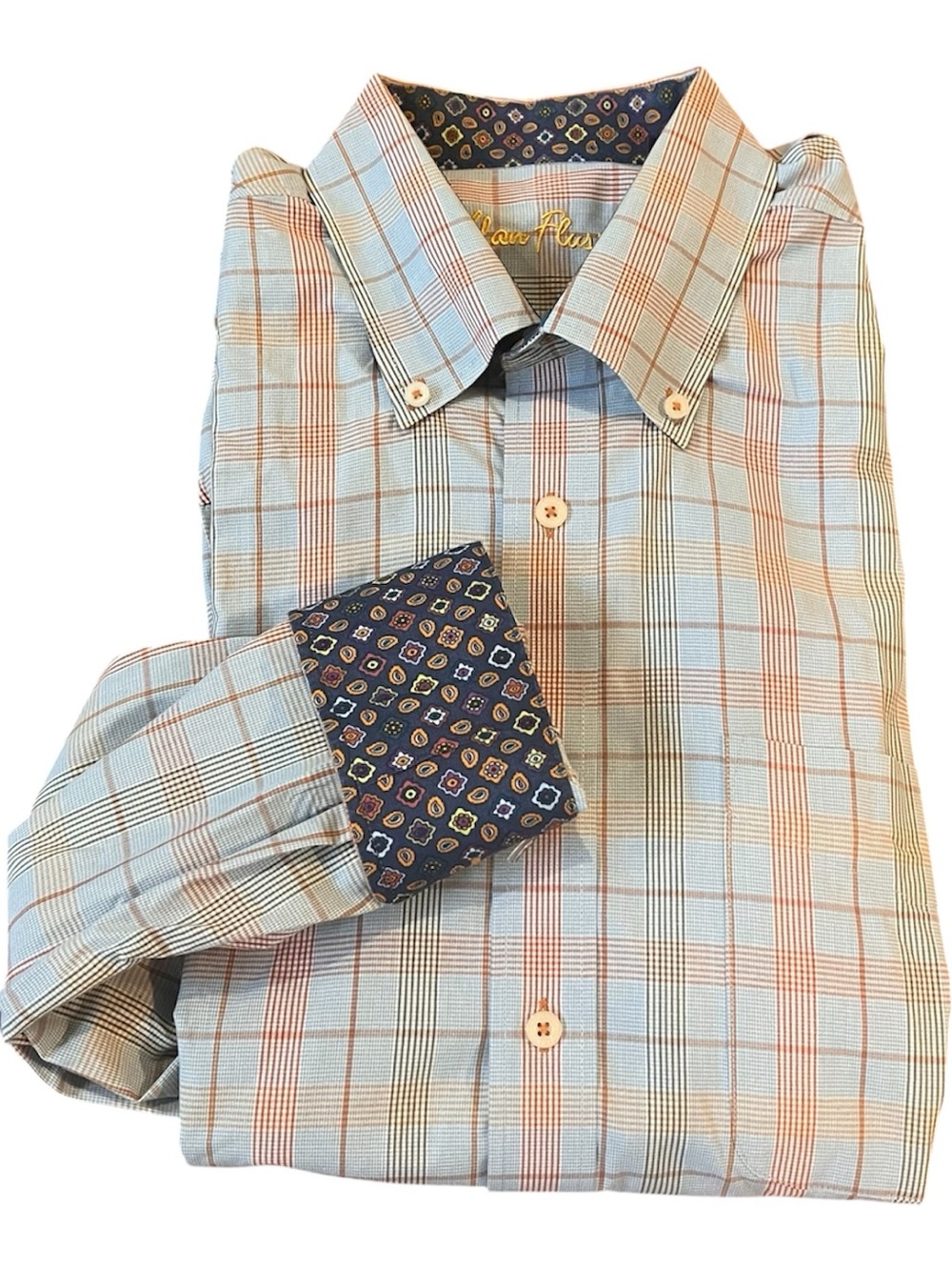 Alan Flusser Light Blue,Orange, Brown Plaid Button-Down with Paisley Cuffs L